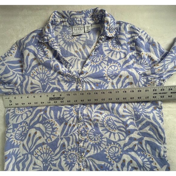 Nicole Miller Womens Linen Button Down Shirt XL Roll-Tab Sleeve Blue Leaf Print - Picture 6 of 7